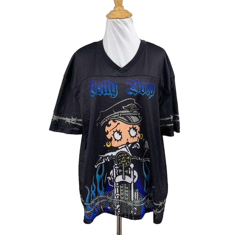 Betty Boop Shirt Womens L Large Black Motorcycle Flames Mesh Jersey V Neck Tee
